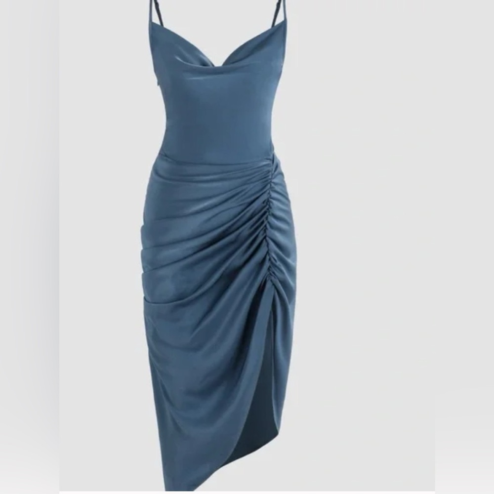 Cider Ruched Cowl Neck Mini Dress-Blue. brand New-Never Worn